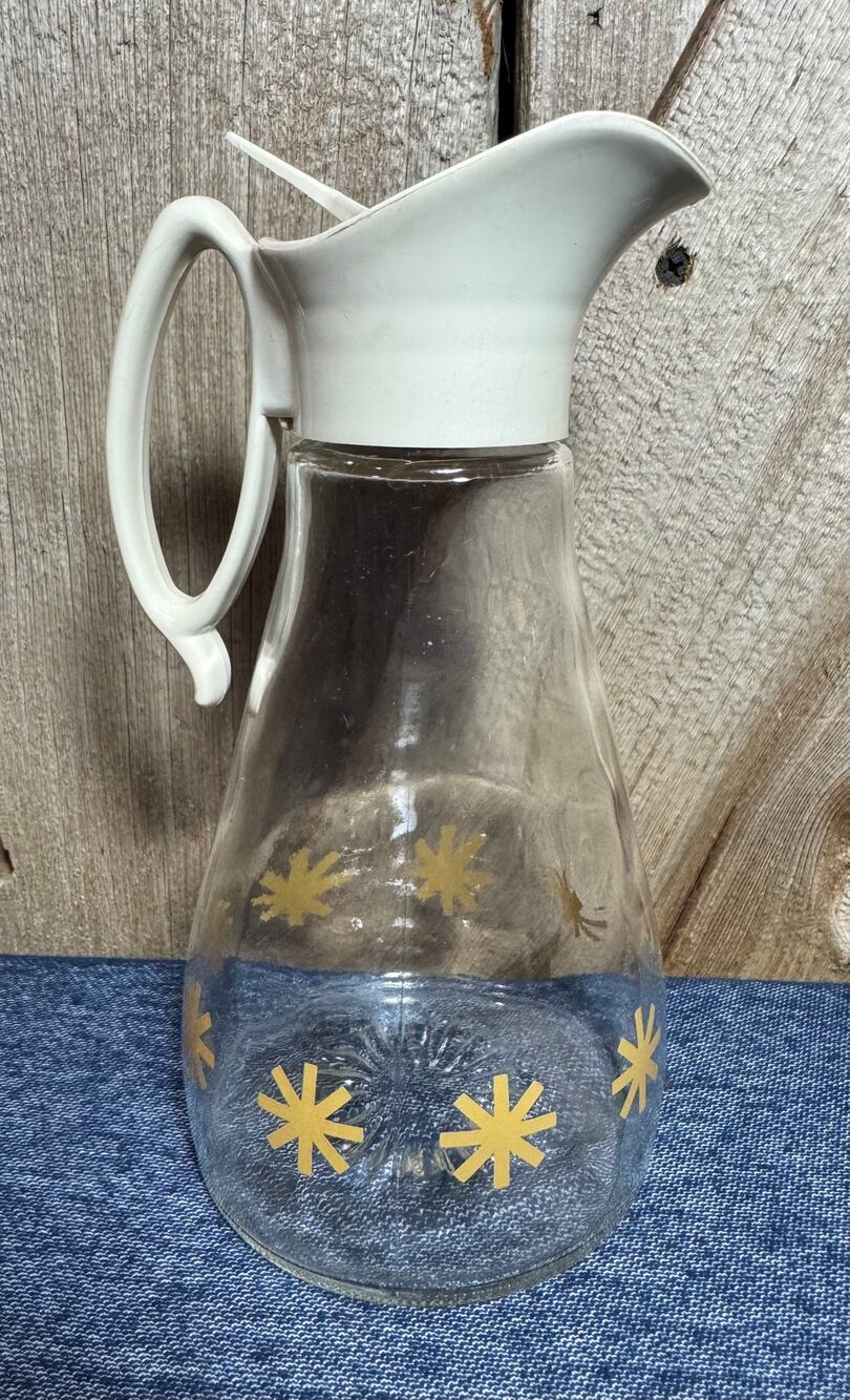 Vintage MCM Glass Log Cabin Syrup Pitcher Gold Atomic Star Mid Century Modern